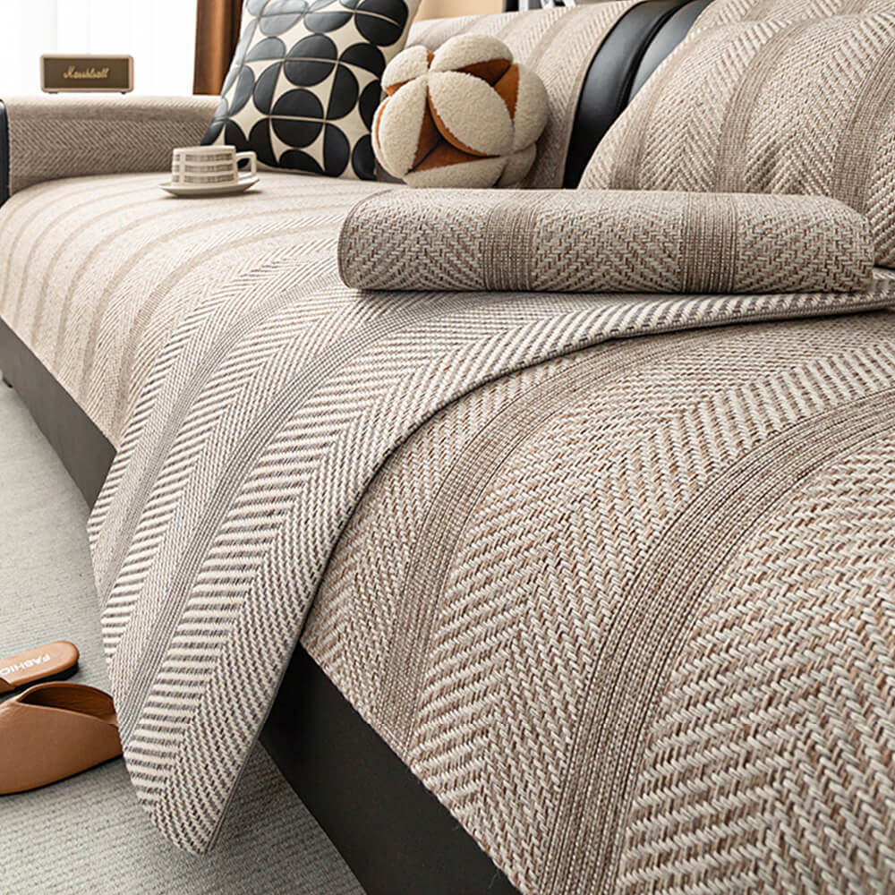 Minimalist Herringbone Weave Breathable Faux Linen All-Season Anti-Slip Couch Cover