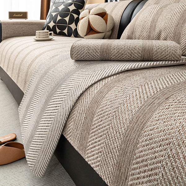 Minimalist Herringbone Weave Breathable Faux Linen All-Season Anti-Slip Couch Cover