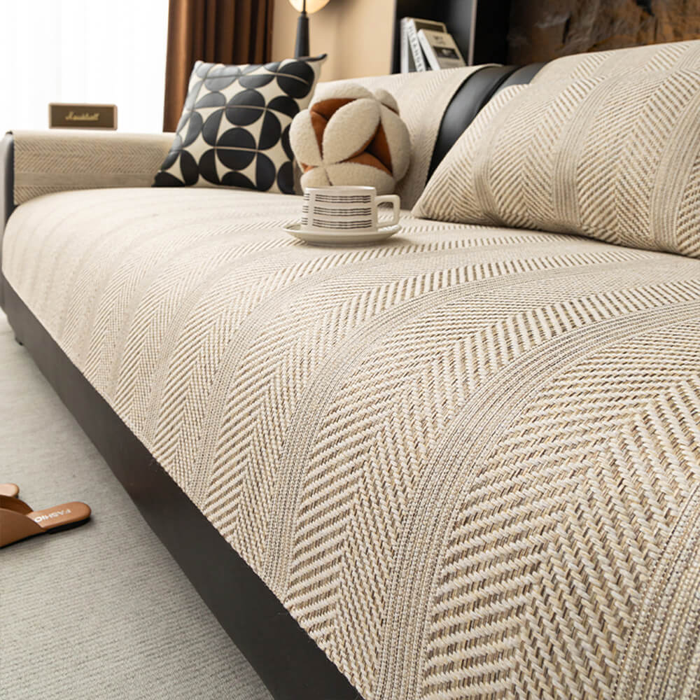 Minimalist Herringbone Weave Breathable Faux Linen All-Season Anti-Slip Couch Cover