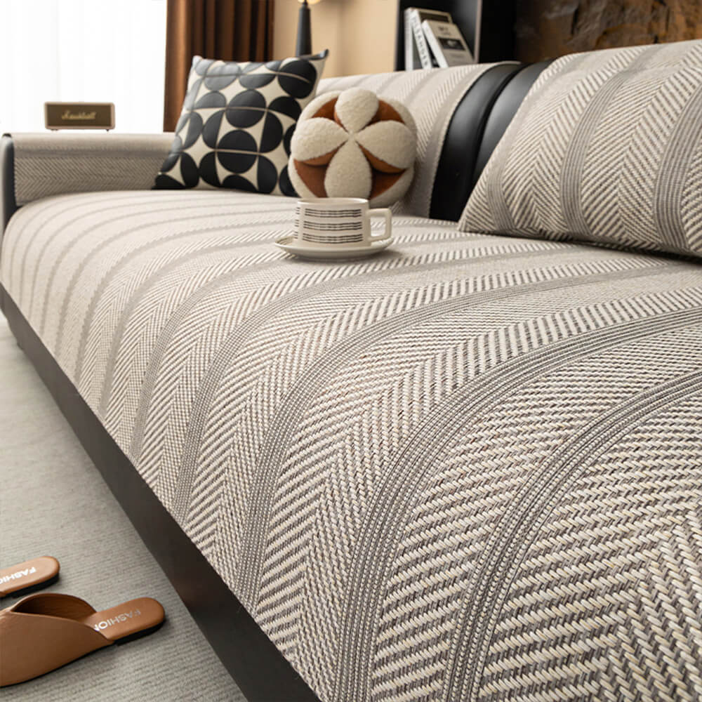 Minimalist Herringbone Weave Breathable Faux Linen All-Season Anti-Slip Couch Cover
