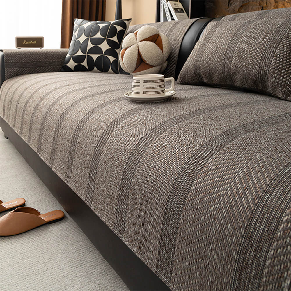 Minimalist Herringbone Weave Breathable Faux Linen All-Season Anti-Slip Couch Cover