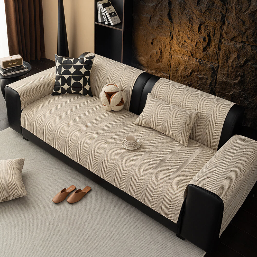 Minimalist Herringbone Weave Breathable Faux Linen All-Season Anti-Slip Couch Cover