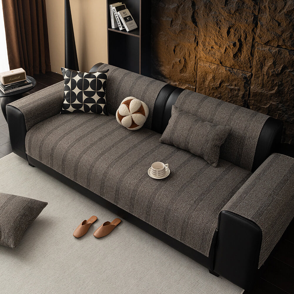 Minimalist Herringbone Weave Breathable Faux Linen All-Season Anti-Slip Couch Cover