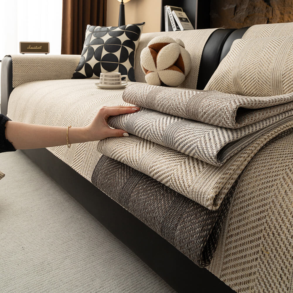 Minimalist Herringbone Weave Breathable Faux Linen All-Season Anti-Slip Couch Cover