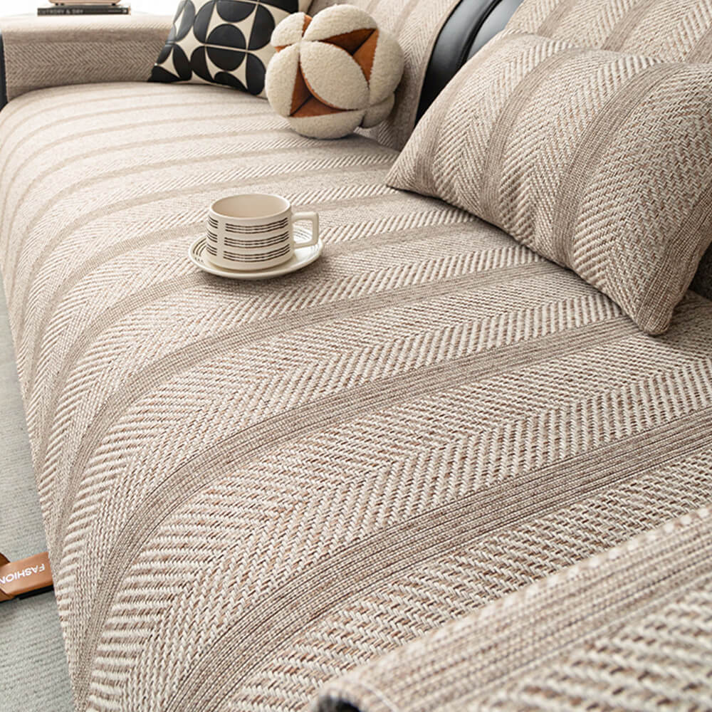 Minimalist Herringbone Weave Breathable Faux Linen All-Season Anti-Slip Couch Cover