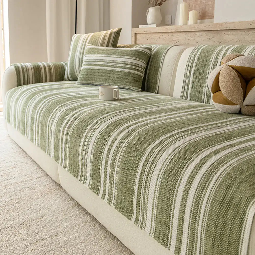 Natural Stripe Chenille Thickend Sofa Protection Washable Non-Slip Durable Couch Cover