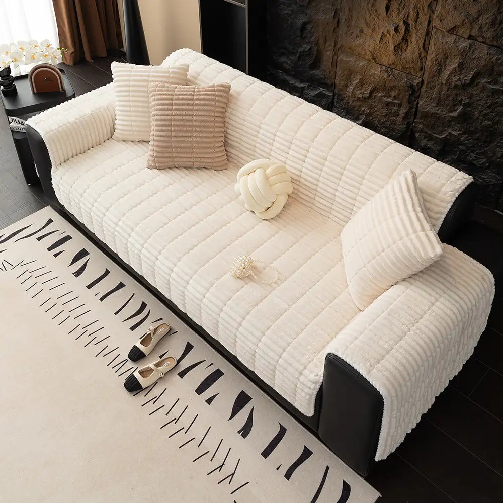 Waterproof One-Piece Cozy Flannel Sofa Protection Non-Slip Stretch Couch Cover
