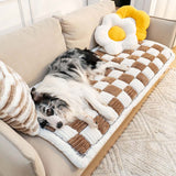 Cream-colored Large Plaid Square Fuzzy Pet Dog Mat Bed Comfy Couch Cover