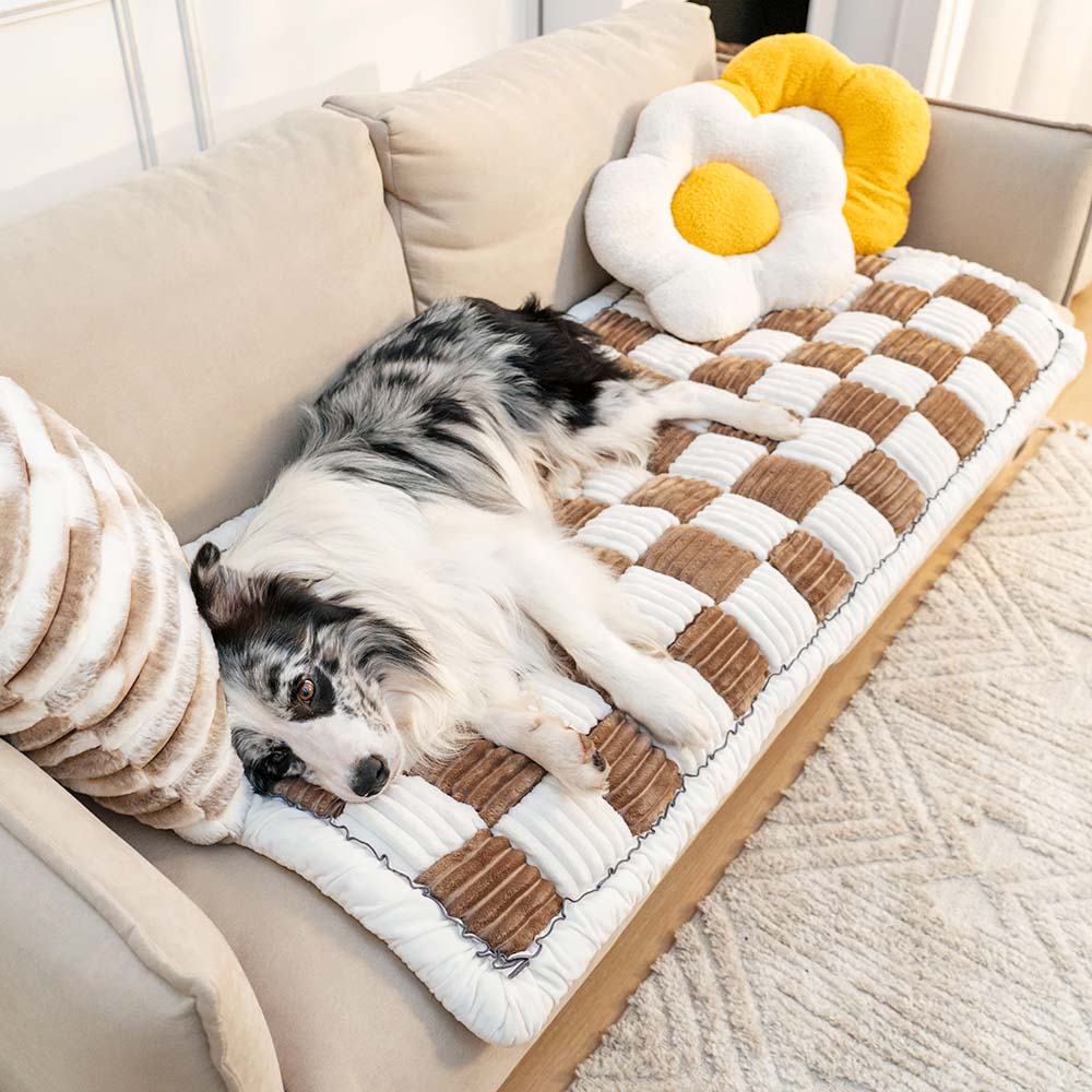 Cream-colored Large Plaid Square Fuzzy Pet Dog Mat Bed Comfy Couch Cover