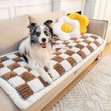 Cream-colored Large Plaid Square Fuzzy Pet Dog Mat Bed Comfy Couch Cover