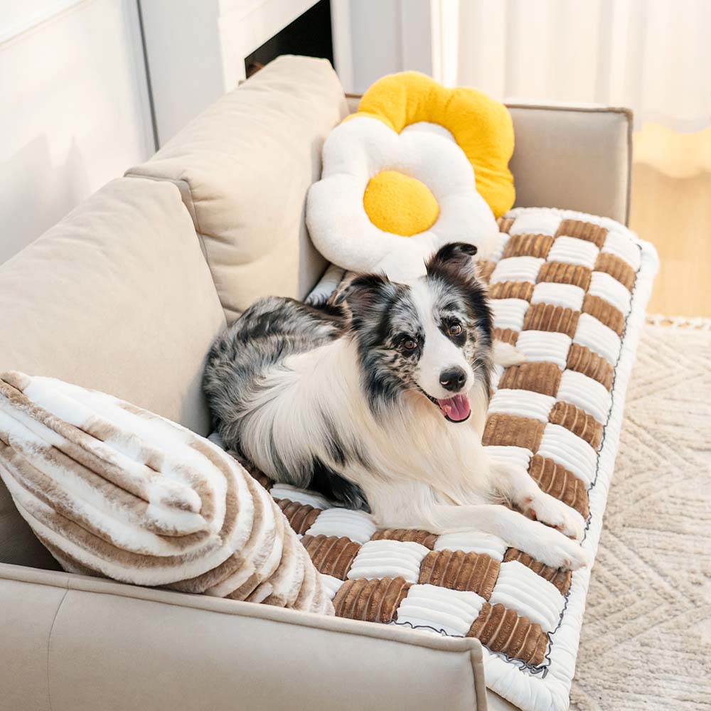 Cream-colored Large Plaid Square Fuzzy Pet Dog Mat Bed Comfy Couch Cover
