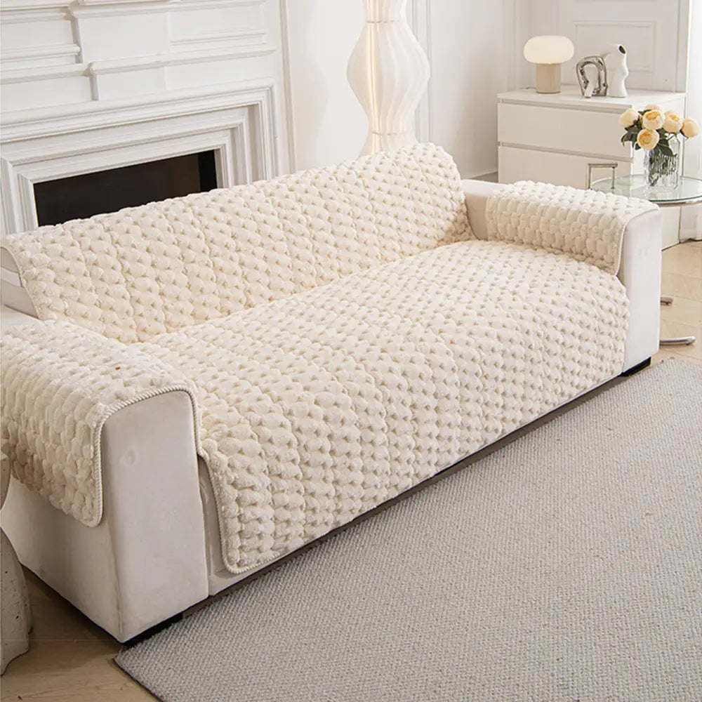 Fuzzy Bubble Plush One-Piece Pet-Friendly Sofa Protection Non-Slip Luxe Couch Cover