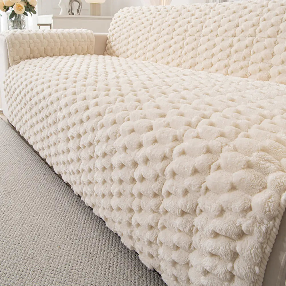 Fuzzy Bubble Plush One-Piece Pet-Friendly Sofa Protection Non-Slip Luxe Couch Cover