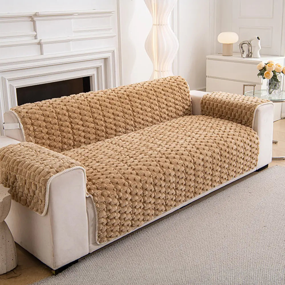 Fuzzy Bubble Plush One-Piece Pet-Friendly Sofa Protection Non-Slip Luxe Couch Cover