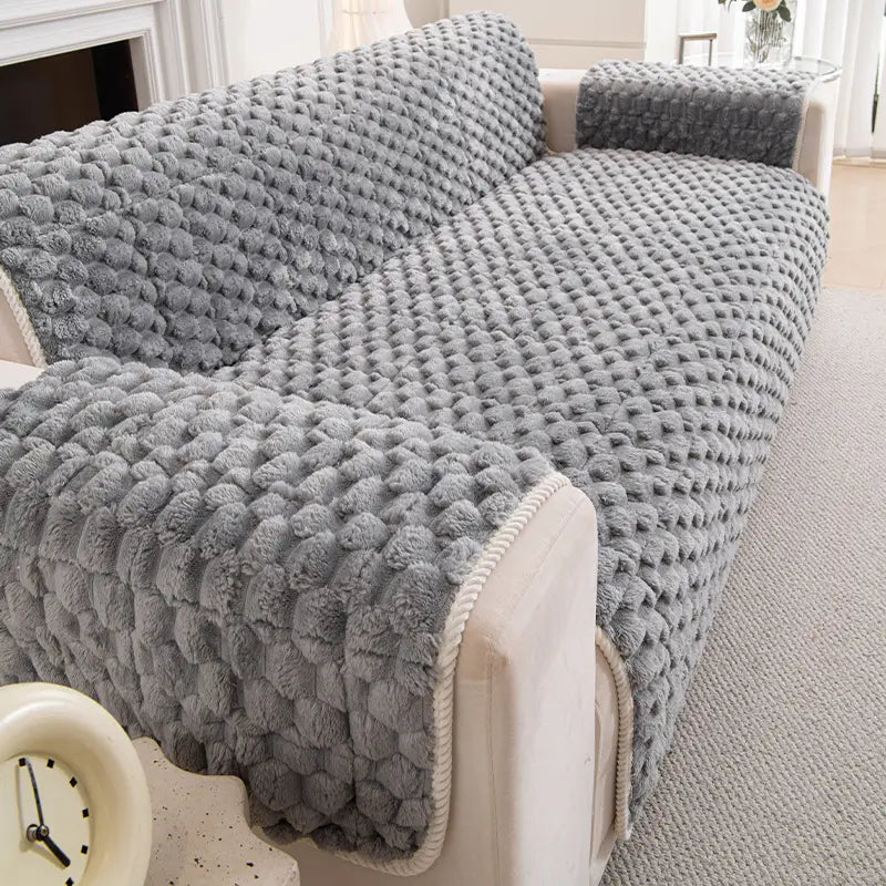 Fuzzy Bubble Plush One-Piece Pet-Friendly Sofa Protection Non-Slip Luxe Couch Cover