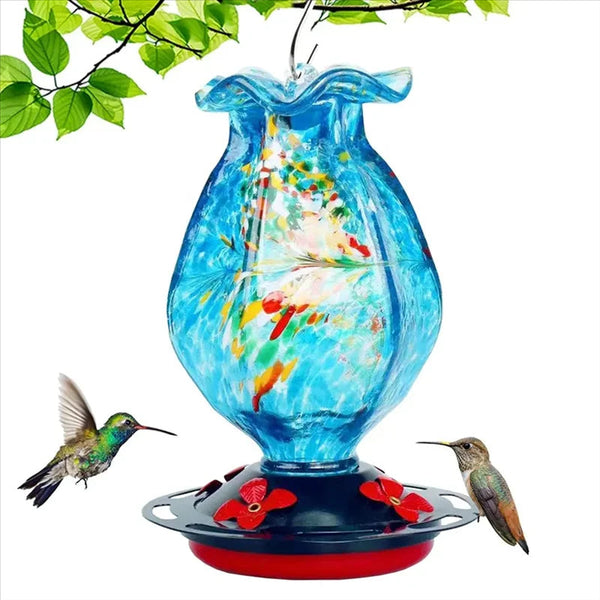Garden Hanging Bird Feeder | Hand-Blown Glass with Ocean Blue Design | Durable and Functional 0