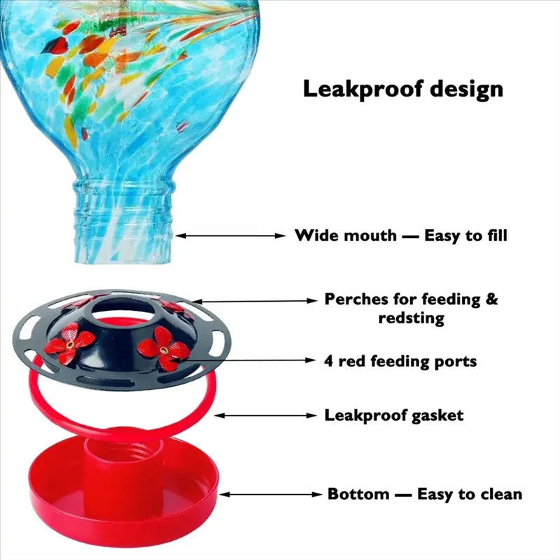 Garden Hanging Bird Feeder | Hand-Blown Glass with Ocean Blue Design | Durable and Functional 2