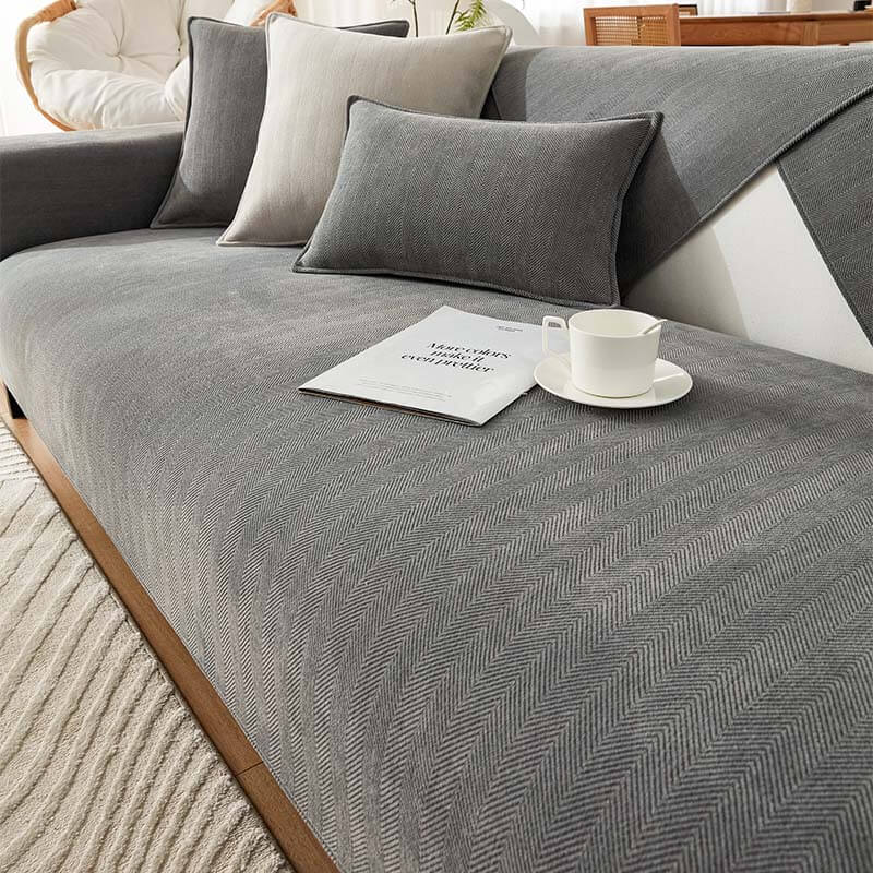 Herringbone Chenille Fabric Furniture Protector Plush Couch Cover