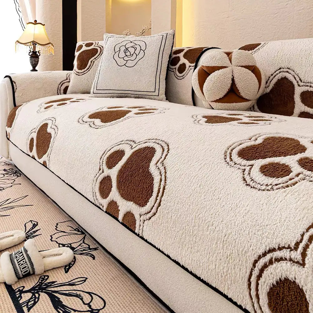 Paw Print Soft Polar Fleece Sofa Protector Non-slip Waterproof Couch Cover