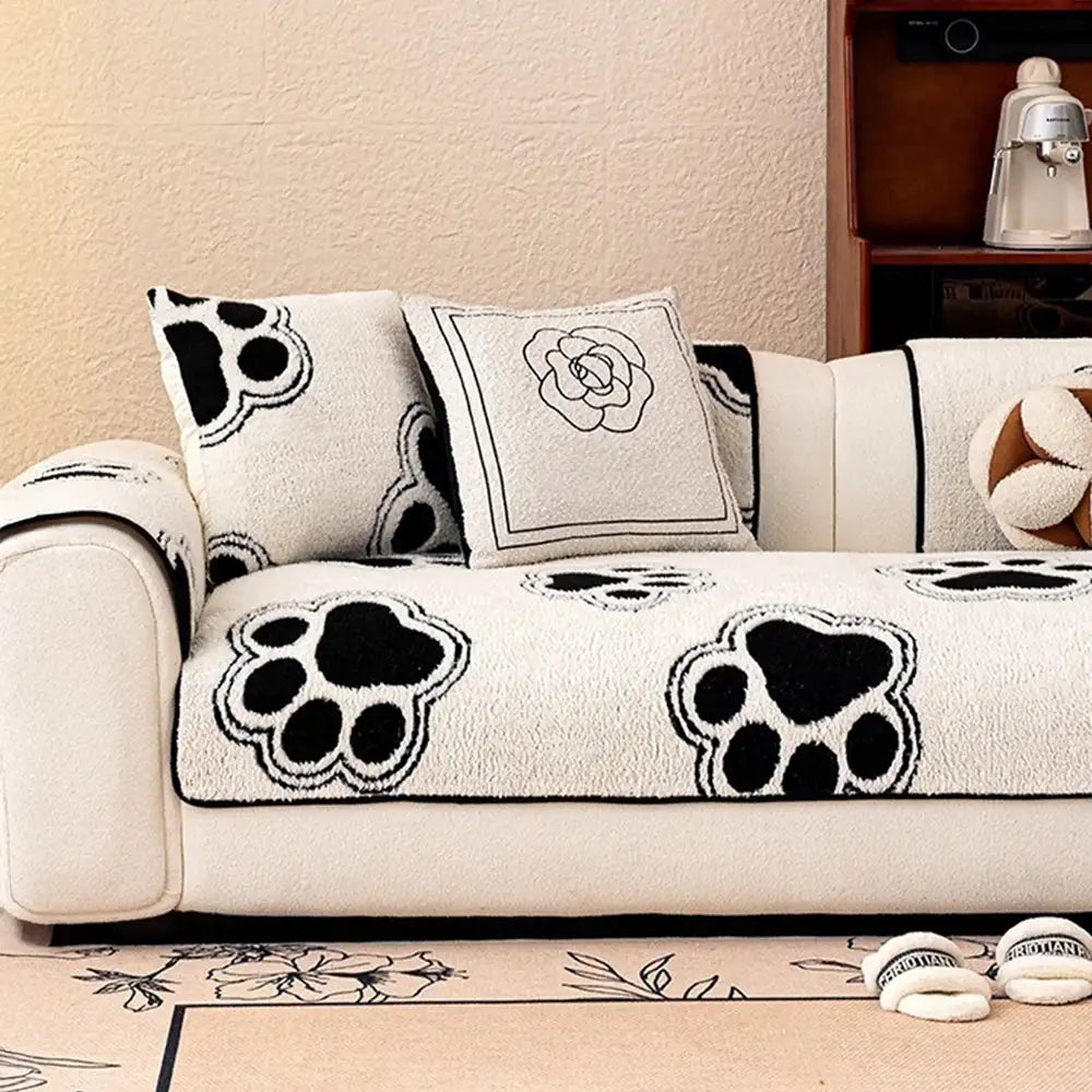 Paw Print Soft Polar Fleece Sofa Protector Non-slip Waterproof Couch Cover