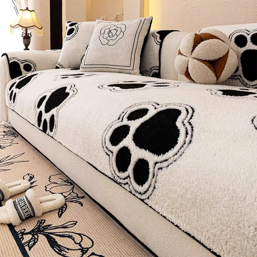 Paw Print Soft Polar Fleece Sofa Protector Non-slip Waterproof Couch Cover