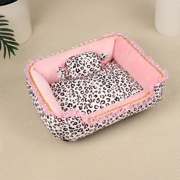 Pet Bed | Plush Velboa with Pink Leopard Print | Cozy All-Season Princess Design | Removable and Washable 0