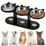Pet Elevated Wooden Cat Bowl | Ergonomic Stainless Steel Feeder with 3 Dishes 0