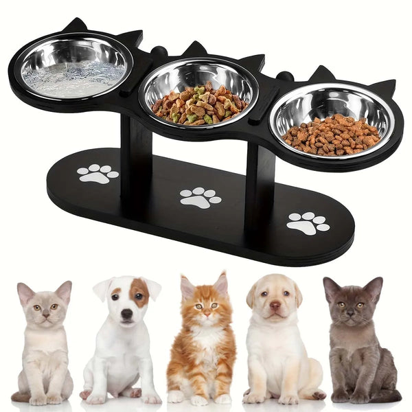 Pet Elevated Wooden Cat Bowl | Ergonomic Stainless Steel Feeder with 3 Dishes 0