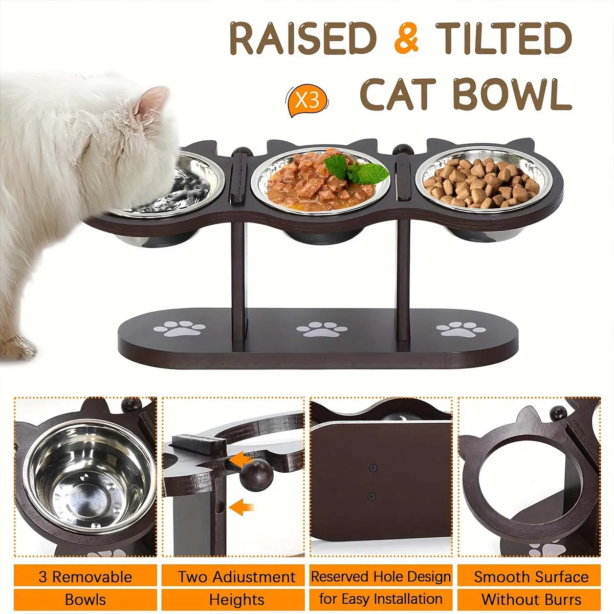 Pet Elevated Wooden Cat Bowl | Ergonomic Stainless Steel Feeder with 3 Dishes 1
