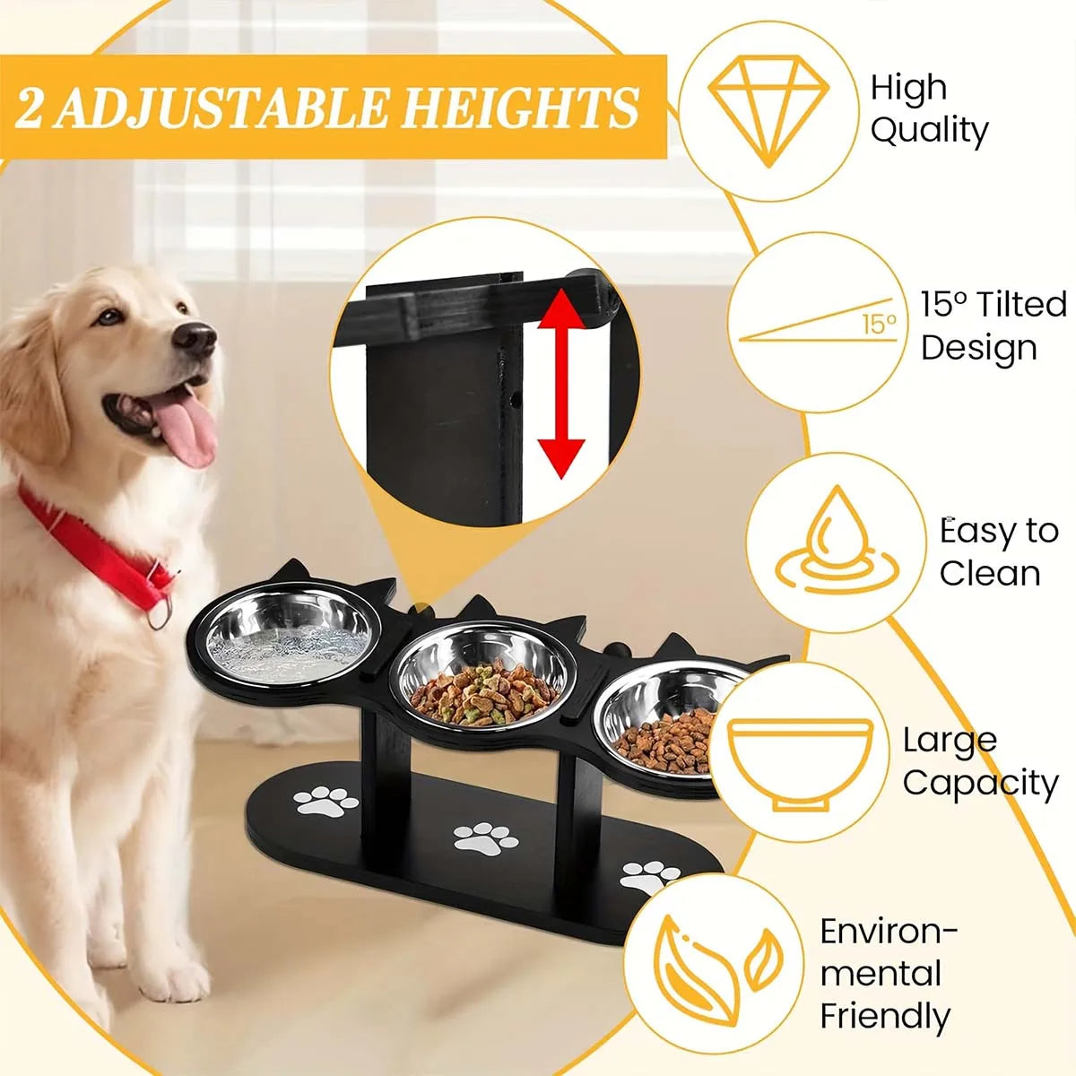 Pet Elevated Wooden Cat Bowl | Ergonomic Stainless Steel Feeder with 3 Dishes 2