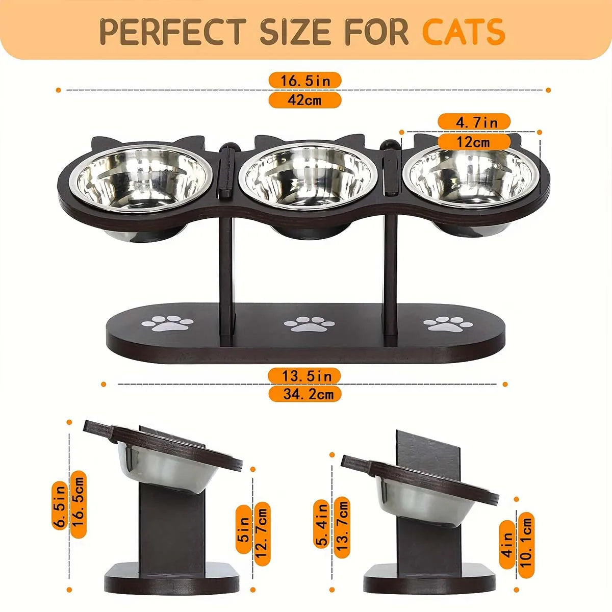 Pet Elevated Wooden Cat Bowl | Ergonomic Stainless Steel Feeder with 3 Dishes 3