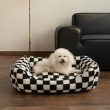 Pet's Cozy Faux Lambswool Dog Sofa Bed | Stylish Checkerboard Design for Comfort 0
