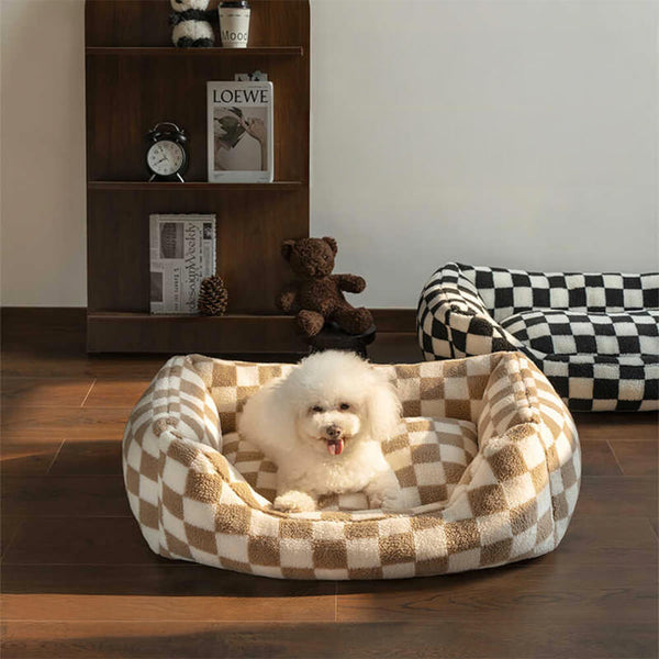 Pet's Cozy Faux Lambswool Dog Sofa Bed | Stylish Checkerboard Design for Comfort 1
