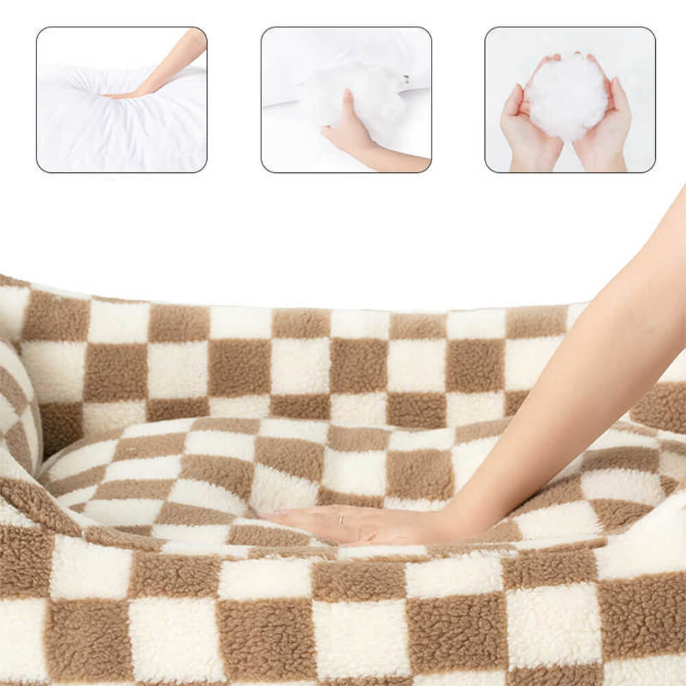 Pet's Cozy Faux Lambswool Dog Sofa Bed | Stylish Checkerboard Design for Comfort 2