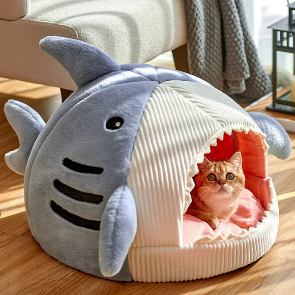 Pet's Cozy Plush Shark Dog and Cat Cave Bed | Soft 2-in-1 Enclosed Retreat 0