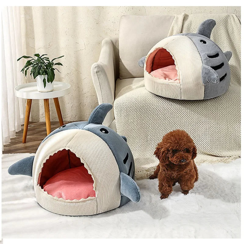 Pet's Cozy Plush Shark Dog and Cat Cave Bed | Soft 2-in-1 Enclosed Retreat 2
