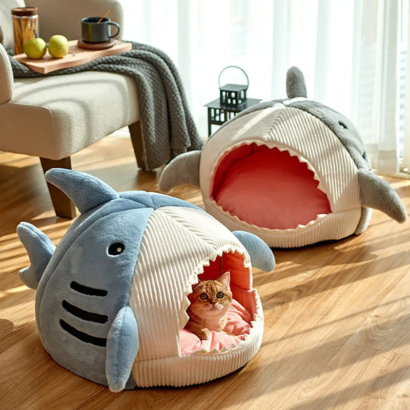 Pet's Cozy Plush Shark Dog and Cat Cave Bed | Soft 2-in-1 Enclosed Retreat 3