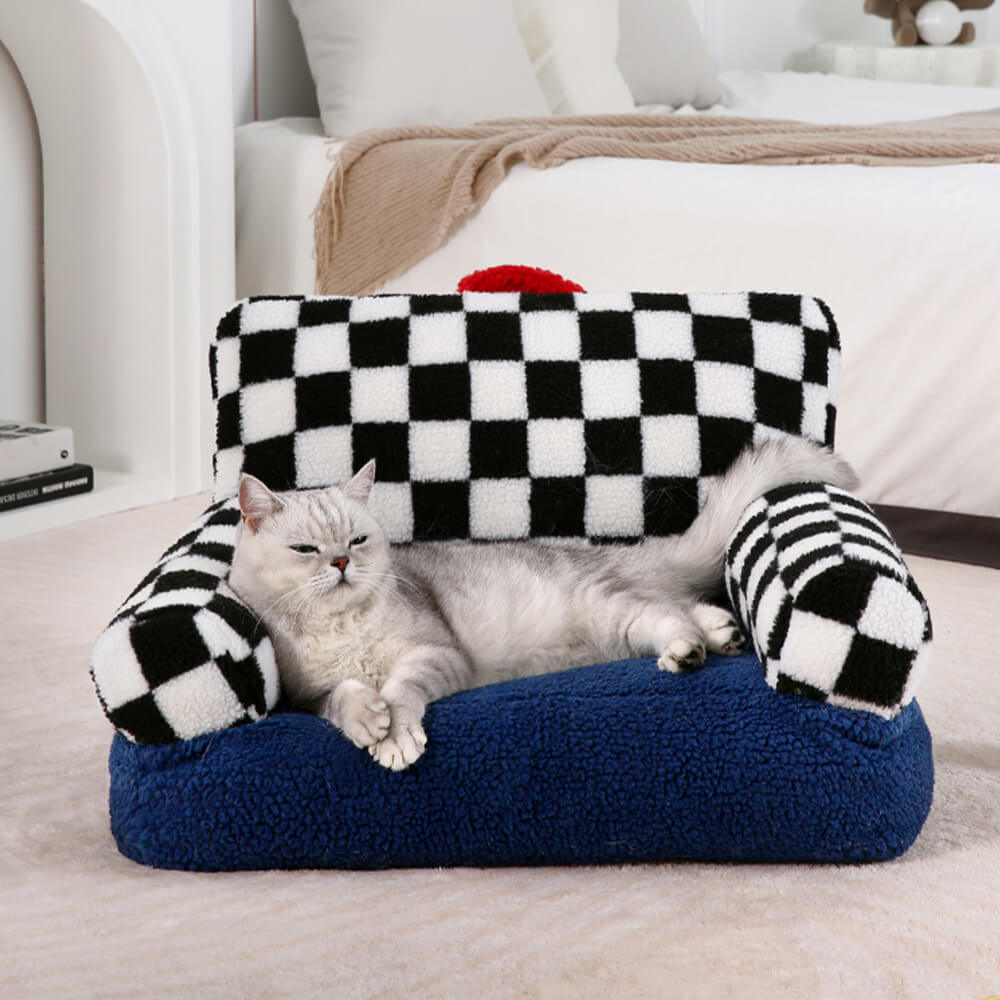 Pet's Cozy Teddy Fleece Sofa Bed | Vintage Checkered Design for Small-Medium Pets 10