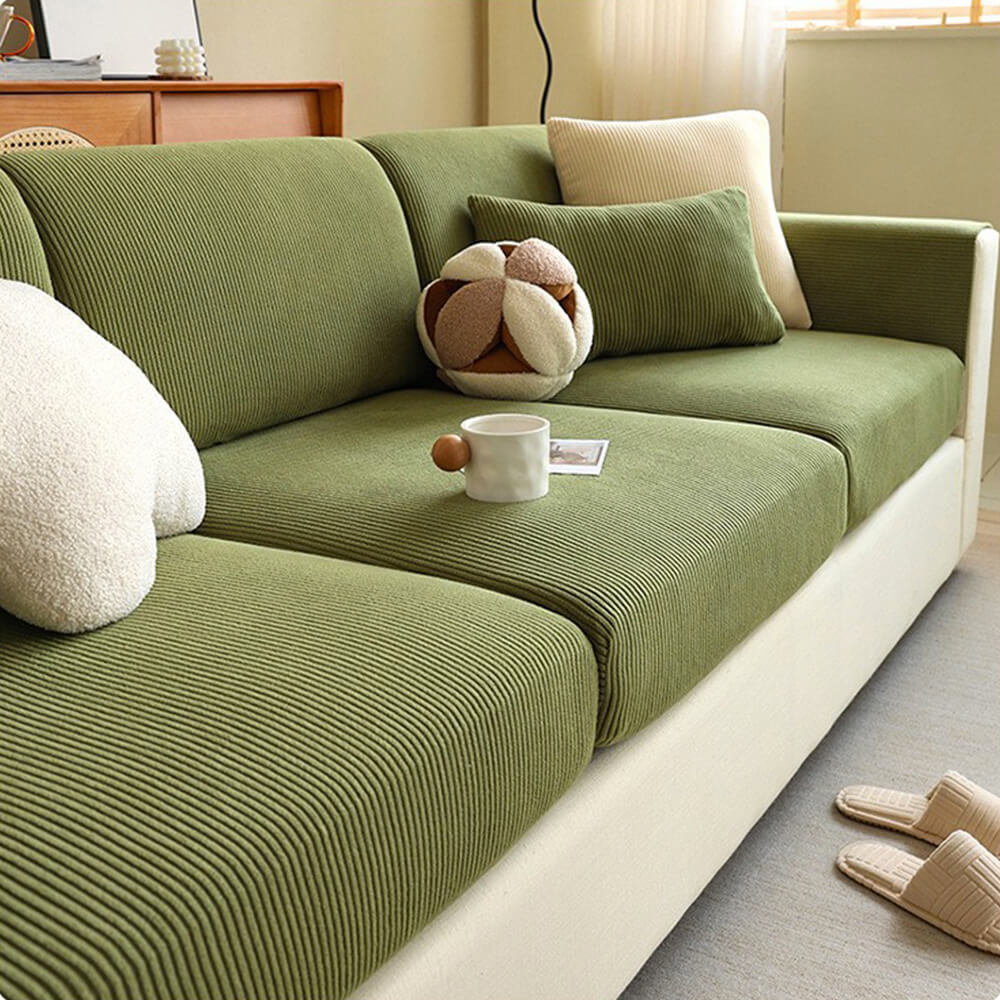 Vertical Stripe Corduroy Anti-Scratch Stretch Full-Cover Sectional Cozy Couch Cover