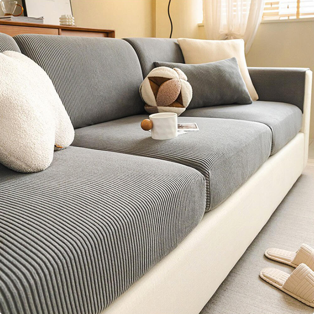 Vertical Stripe Corduroy Anti-Scratch Stretch Full-Cover Sectional Cozy Couch Cover