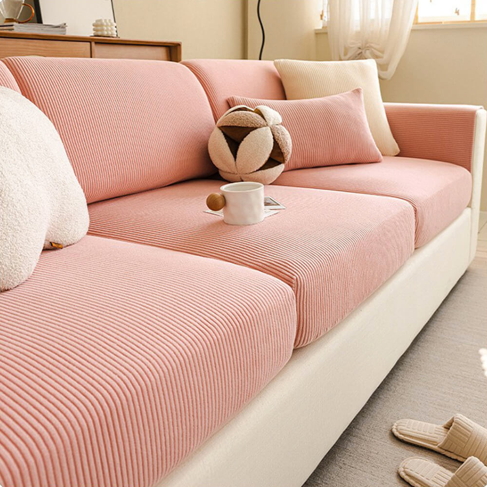 Vertical Stripe Corduroy Anti-Scratch Stretch Full-Cover Sectional Cozy Couch Cover