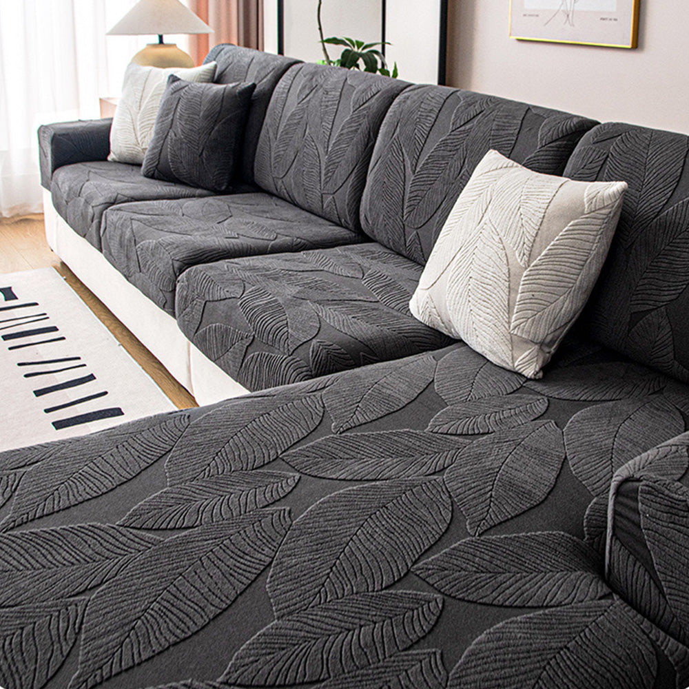 Modern Leaf Jacquard Water-Repellent Anti-Scratch Stretch Full Wrap Sectional Premium Couch Cover