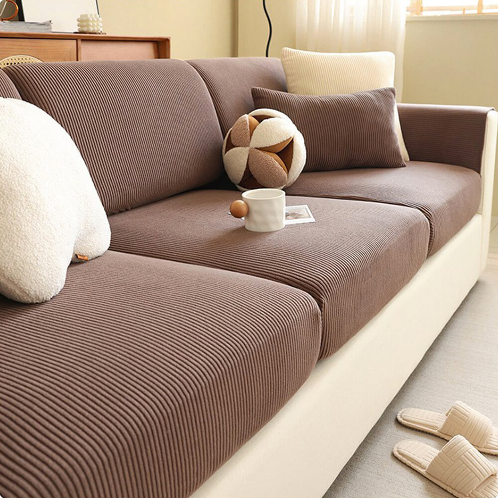 Vertical Stripe Corduroy Anti-Scratch Stretch Full-Cover Sectional Cozy Couch Cover