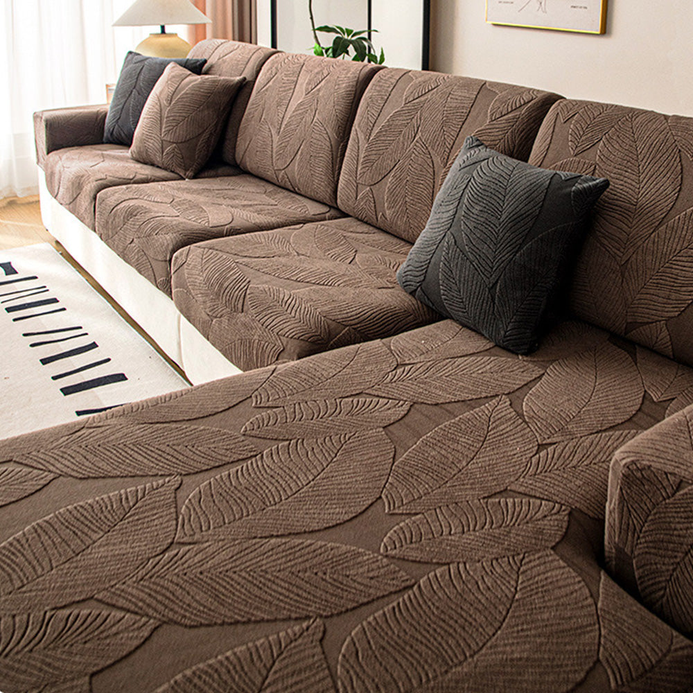 Modern Leaf Jacquard Water-Repellent Anti-Scratch Stretch Full Wrap Sectional Premium Couch Cover