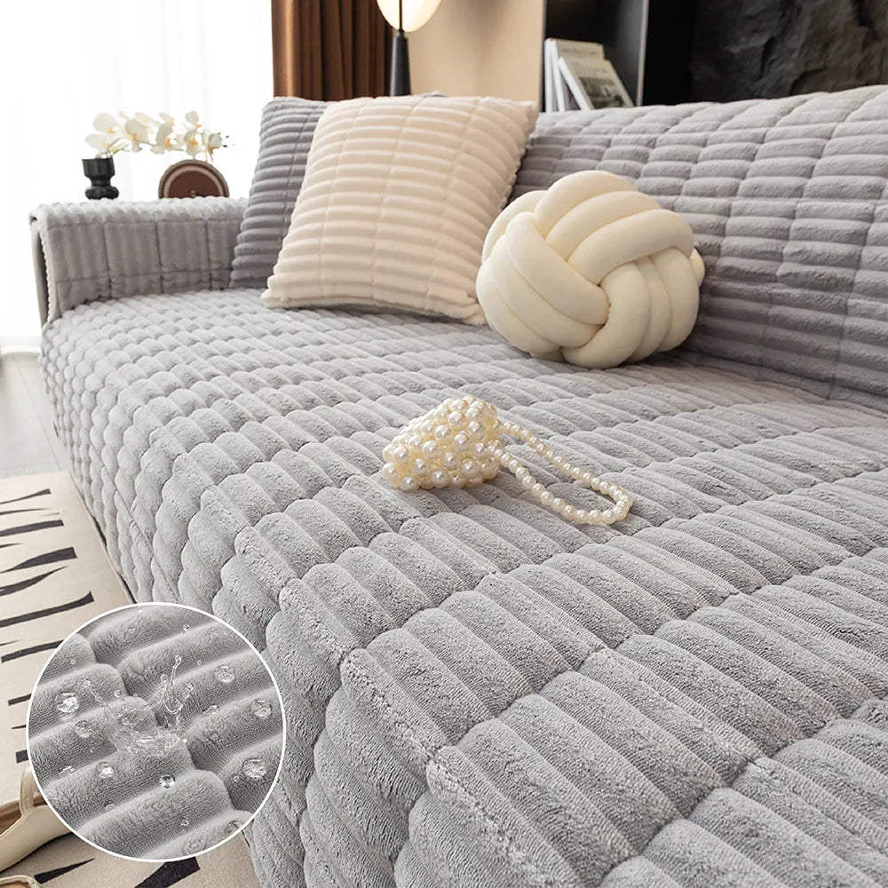 Waterproof One-Piece Cozy Flannel Sofa Protection Non-Slip Stretch Couch Cover