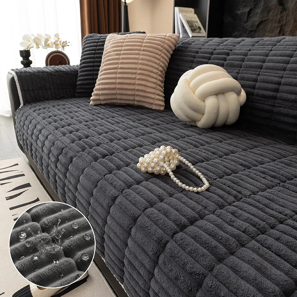 Waterproof One-Piece Cozy Flannel Sofa Protection Non-Slip Stretch Couch Cover