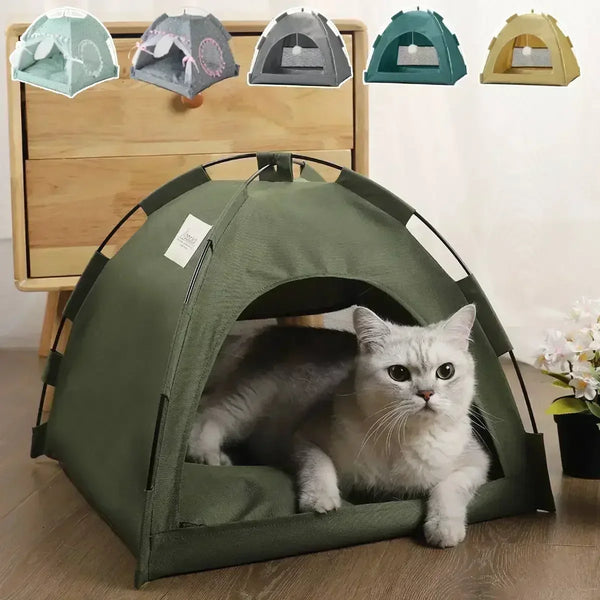 Semi-Enclosed Canvas Pet Tent Bed | Removable Cave Hut for Cats and Small Dogs
