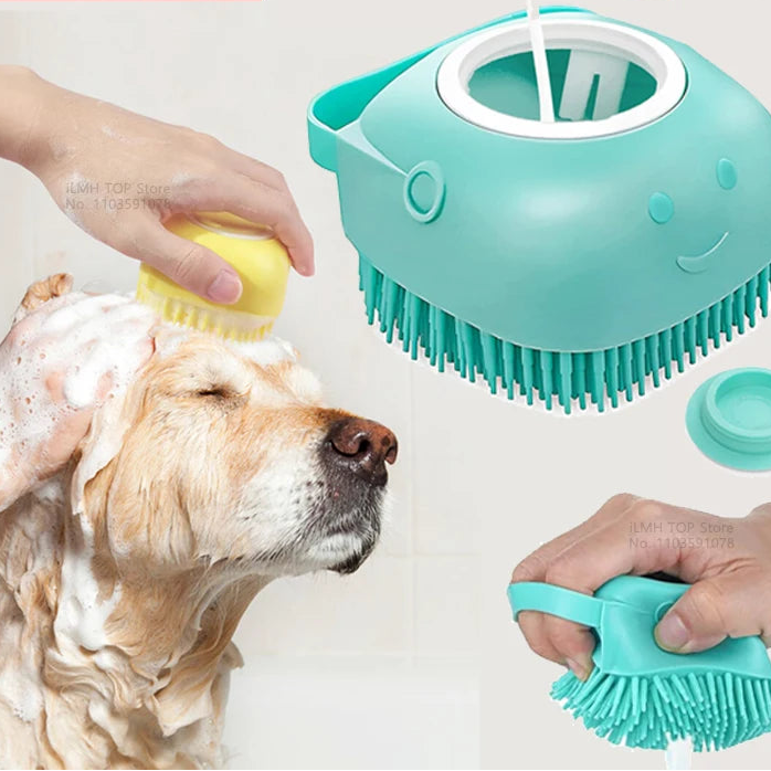 Silicone Pet Bathing Brush | Shampoo Dispenser Massage Brush for Dogs and Cats
