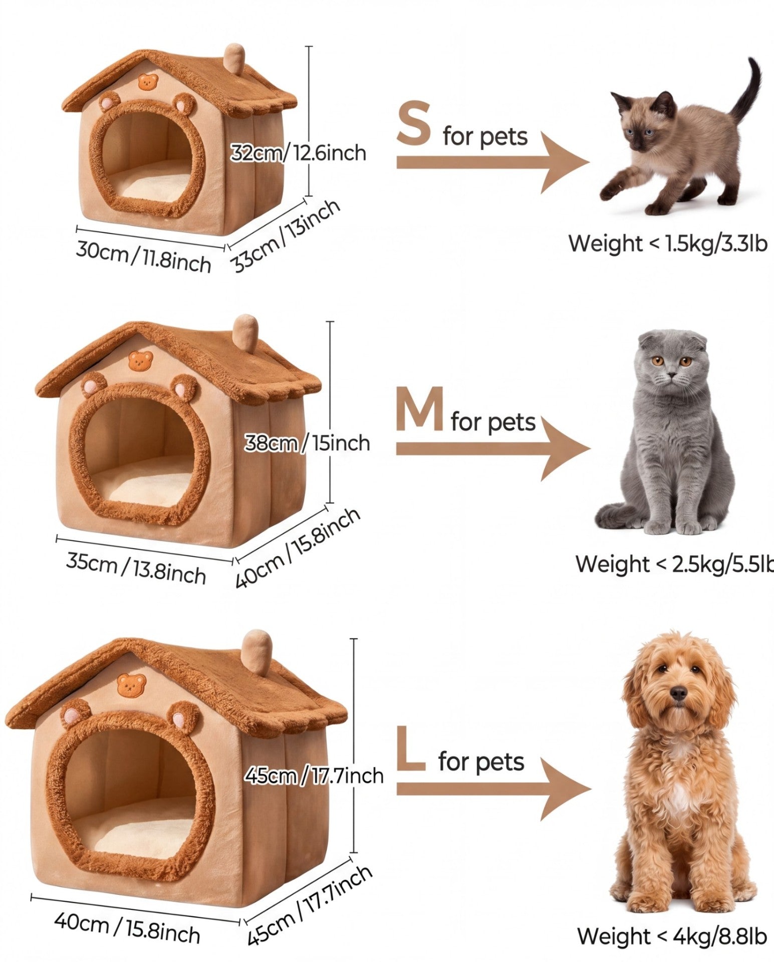 Bear Cottage Pet Bed size guide