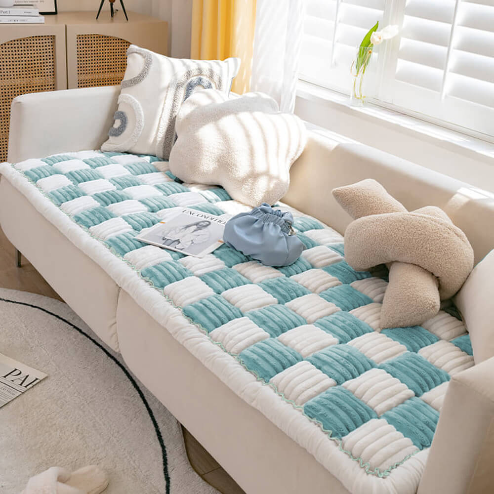 Cream-colored Large Plaid Square Fuzzy Pet Dog Mat Bed Comfy Couch Cover